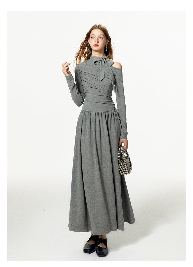 Slim Fit One-Shoulder Tie Neck Maxi Dress