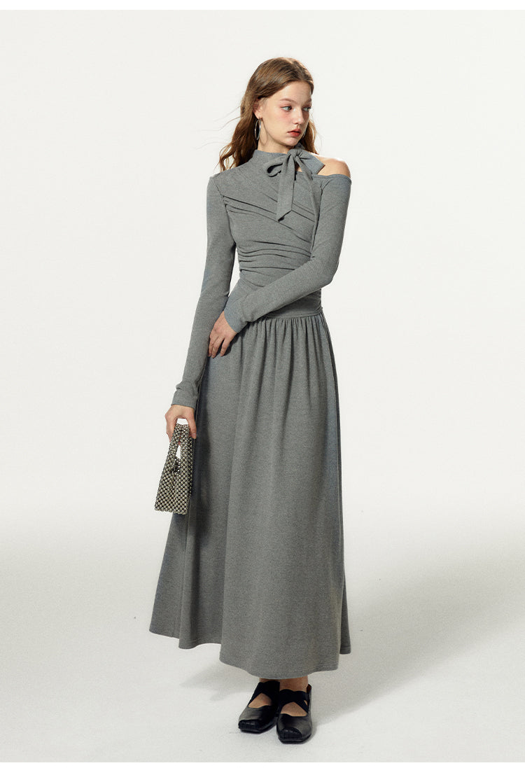 Slim Fit One-Shoulder Tie Neck Maxi Dress