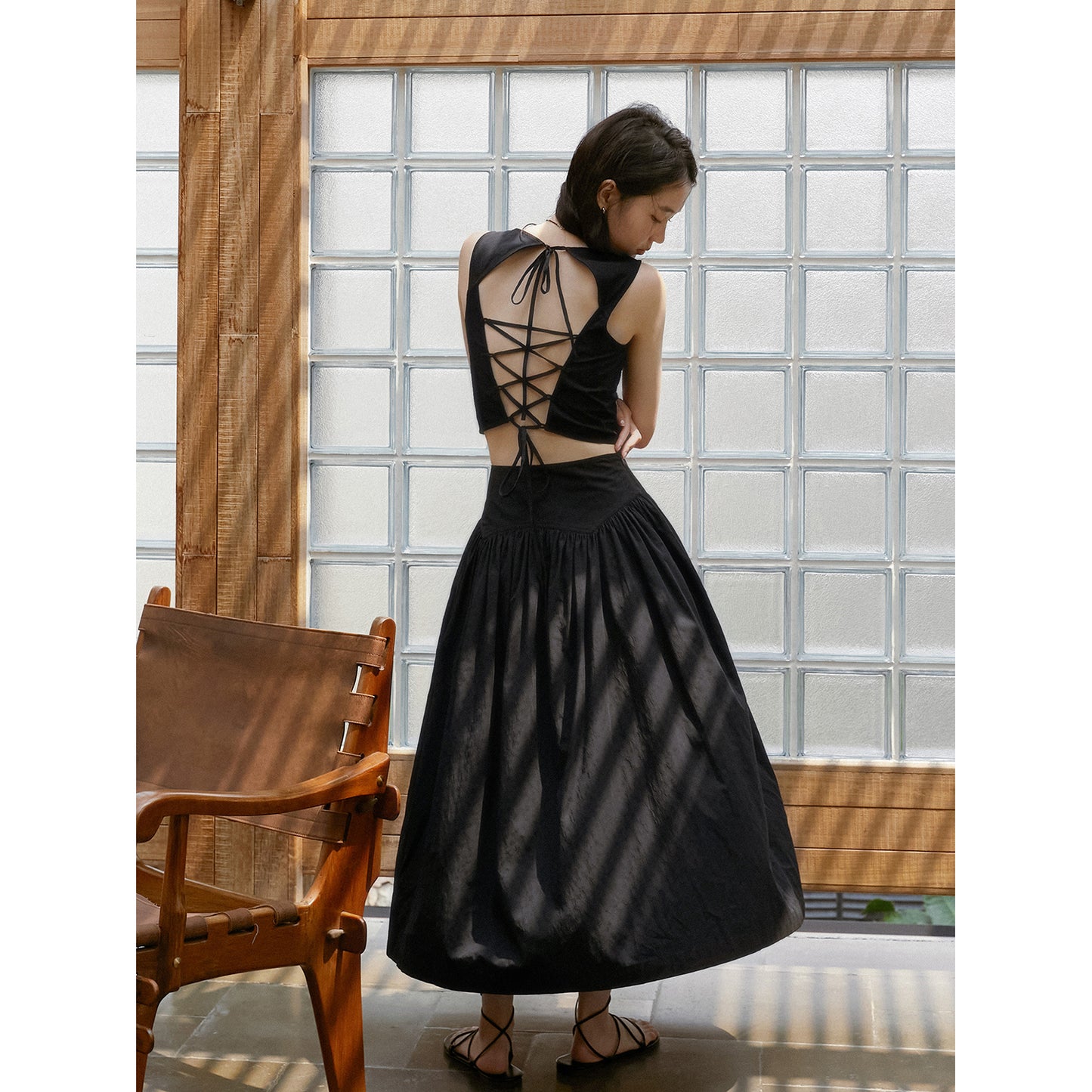 Sleeveless Lace-Up Crop Top & Matching Yoke Skirt