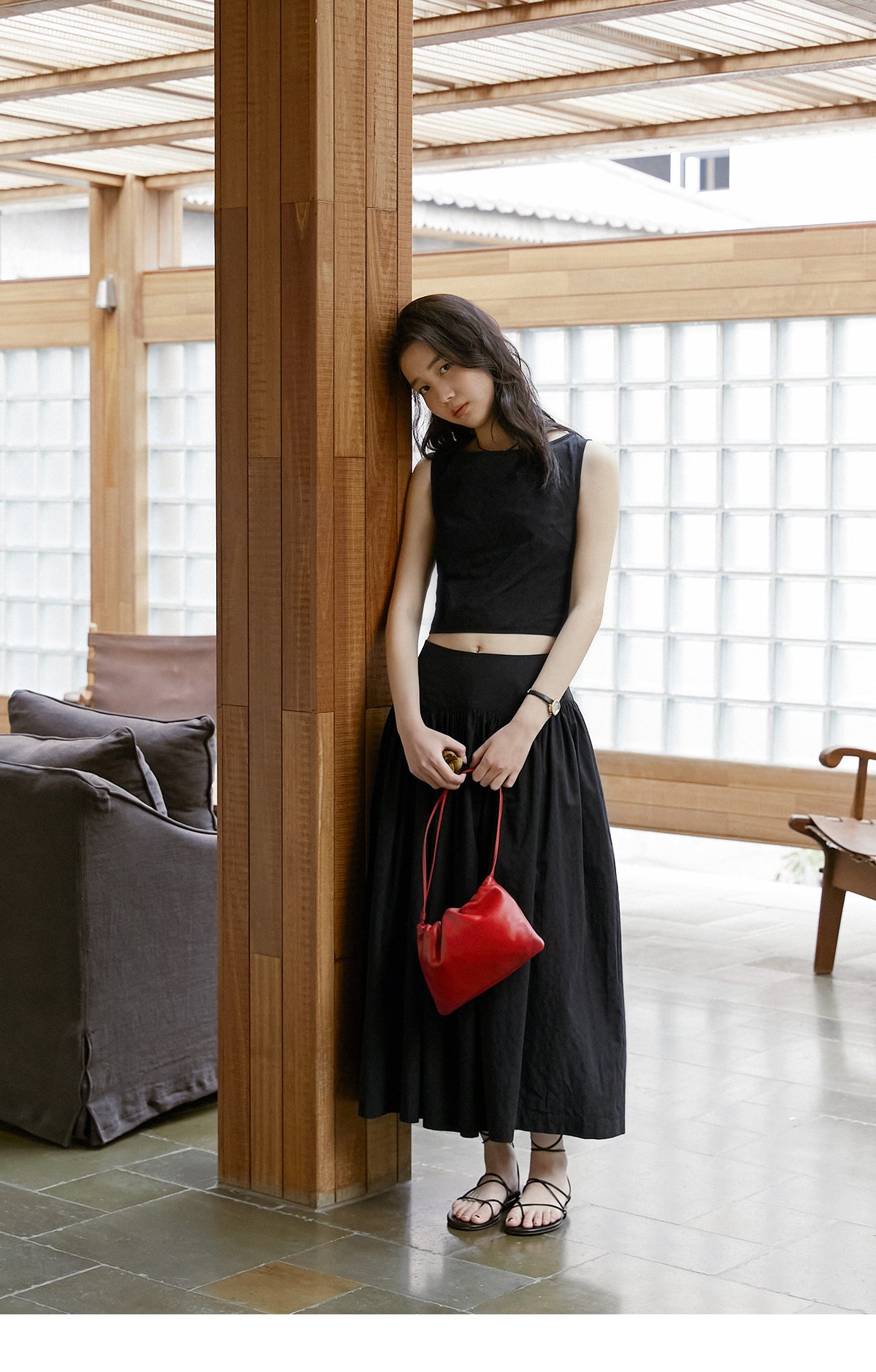 Sleeveless Lace-Up Crop Top & Matching Yoke Skirt