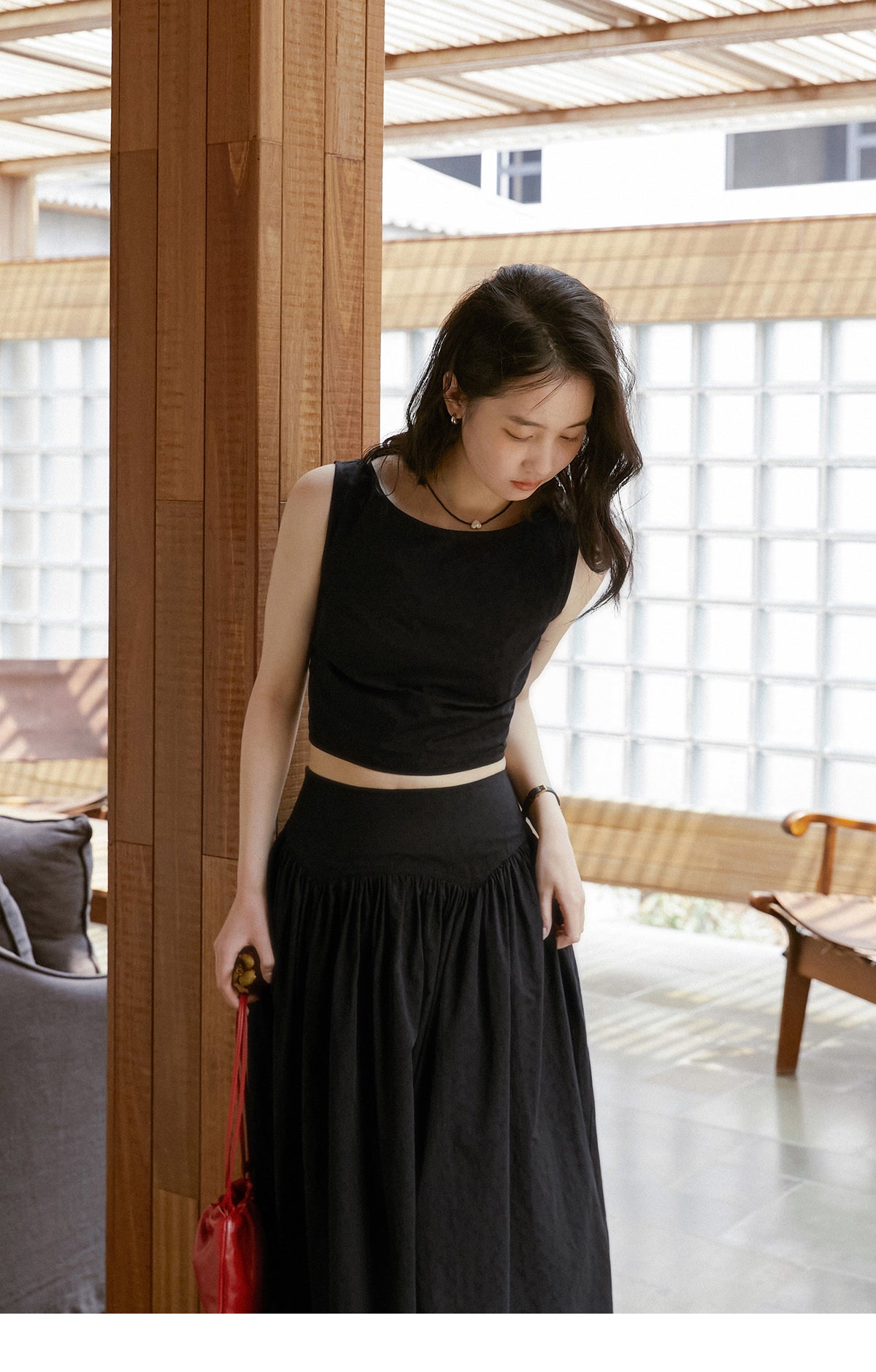 Sleeveless Lace-Up Crop Top & Matching Yoke Skirt
