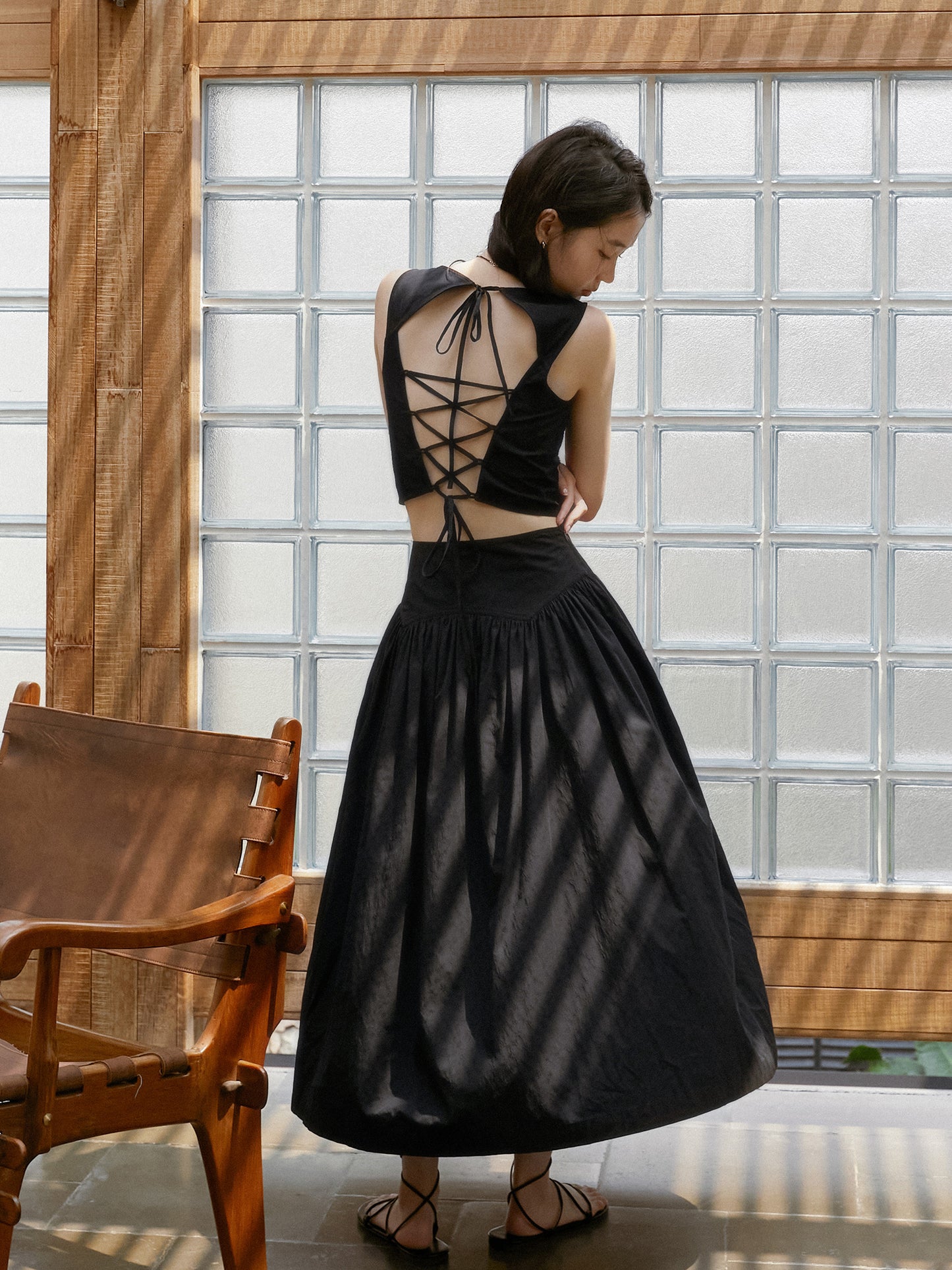 Sleeveless Lace-Up Crop Top & Matching Yoke Skirt
