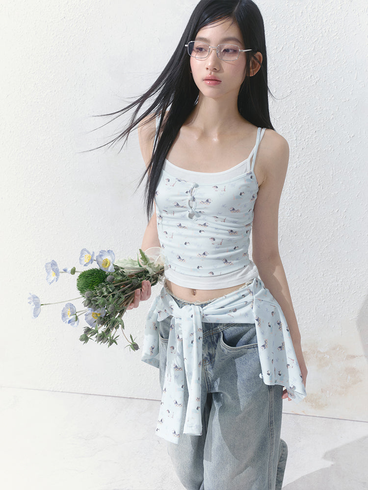 3-Piece Puppy Print: Cami, Button-Up & Tie Shorts