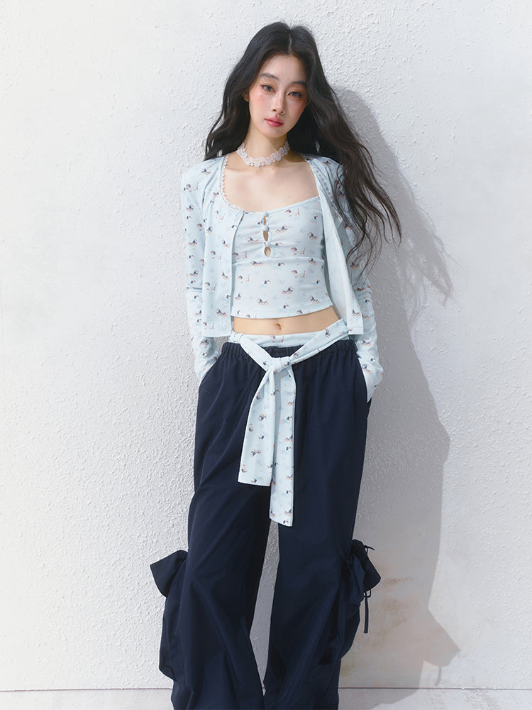 3-Piece Puppy Print: Cami, Button-Up & Tie Shorts