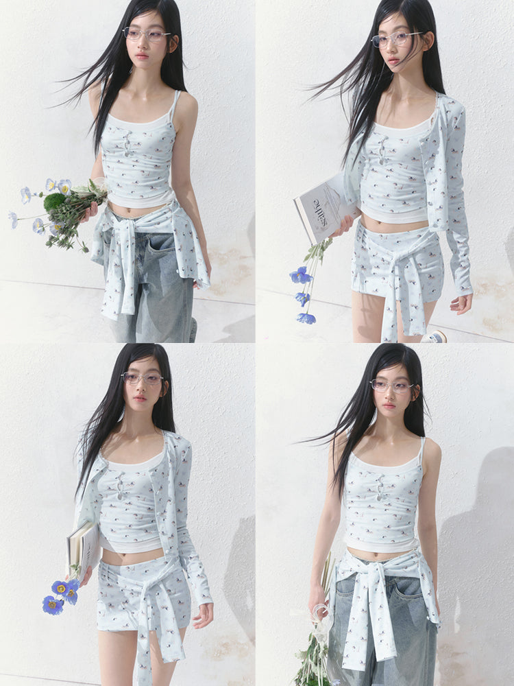 3-Piece Puppy Print: Cami, Button-Up & Tie Shorts