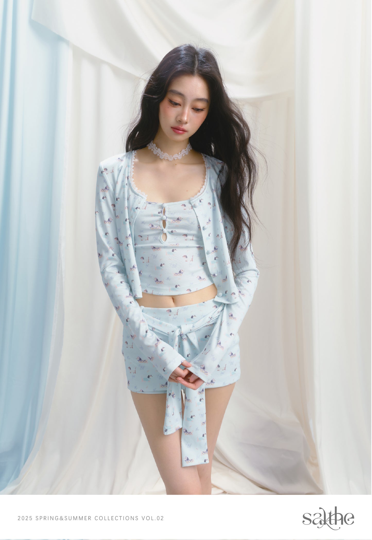 3-Piece Puppy Print: Cami, Button-Up & Tie Shorts