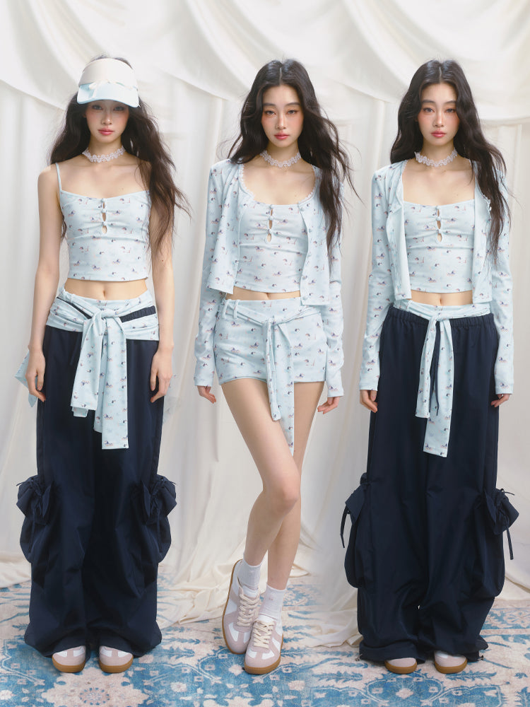 3-Piece Puppy Print: Cami, Button-Up & Tie Shorts