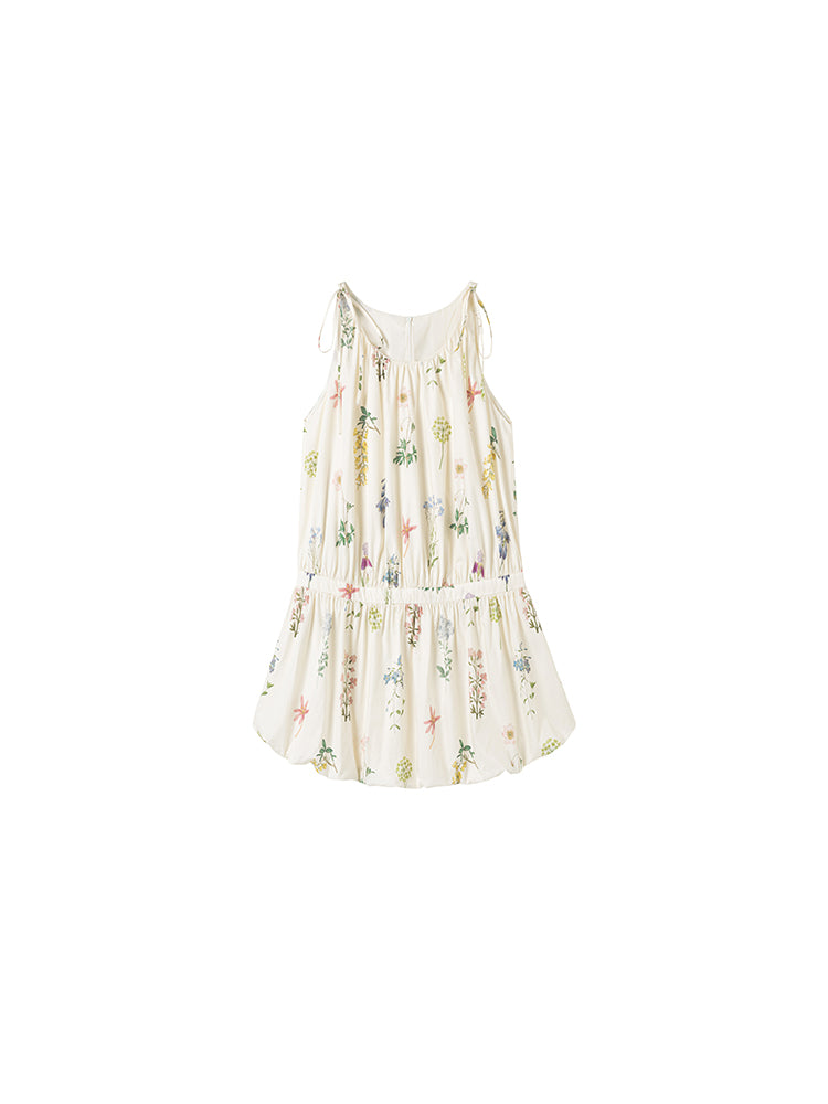 Tie-Strapped Floral Holiday Dress With Balloon Hem