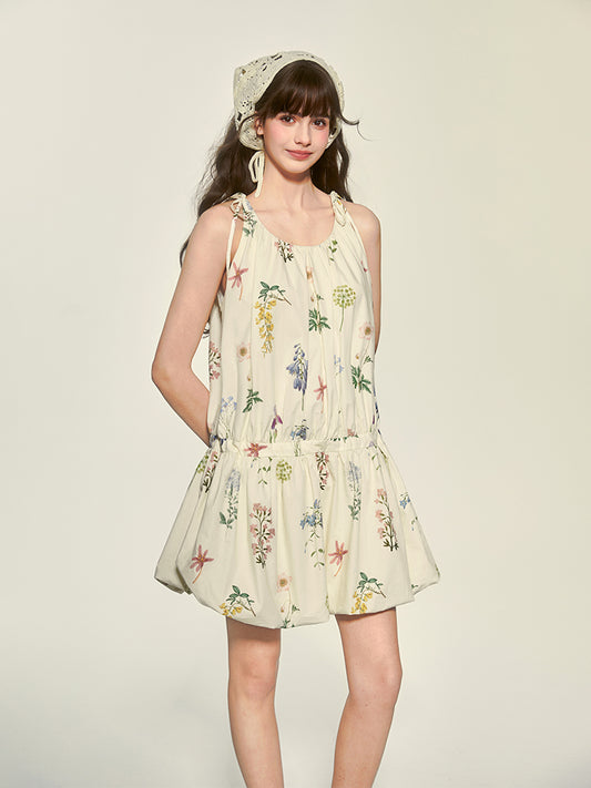 Tie-Strapped Floral Holiday Dress With Balloon Hem