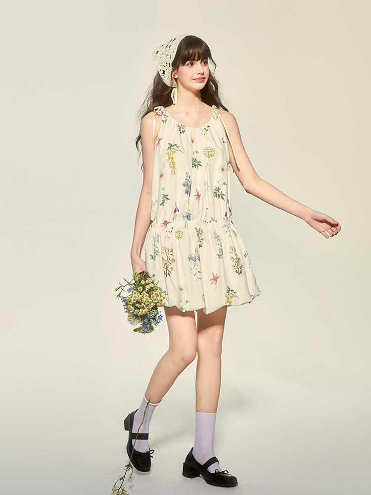 Tie-Strapped Floral Holiday Dress With Balloon Hem