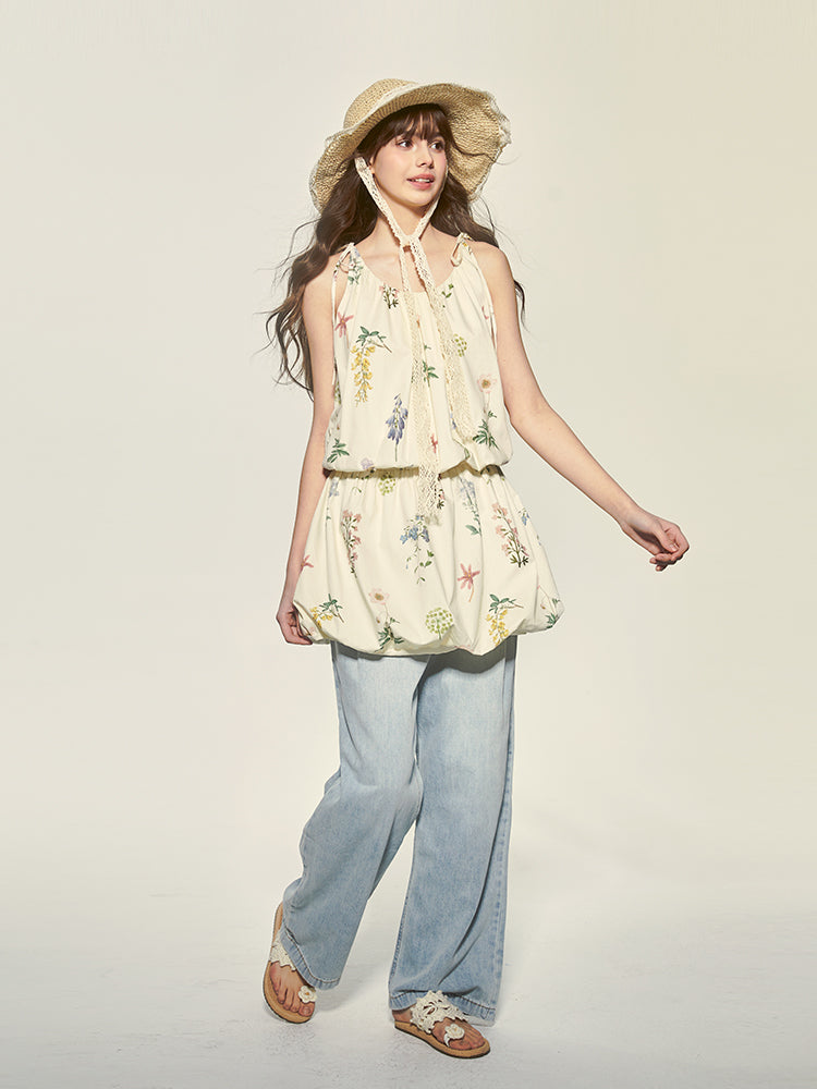 Tie-Strapped Floral Holiday Dress With Balloon Hem