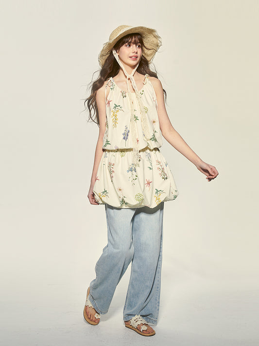 Tie-Strapped Floral Holiday Dress With Balloon Hem