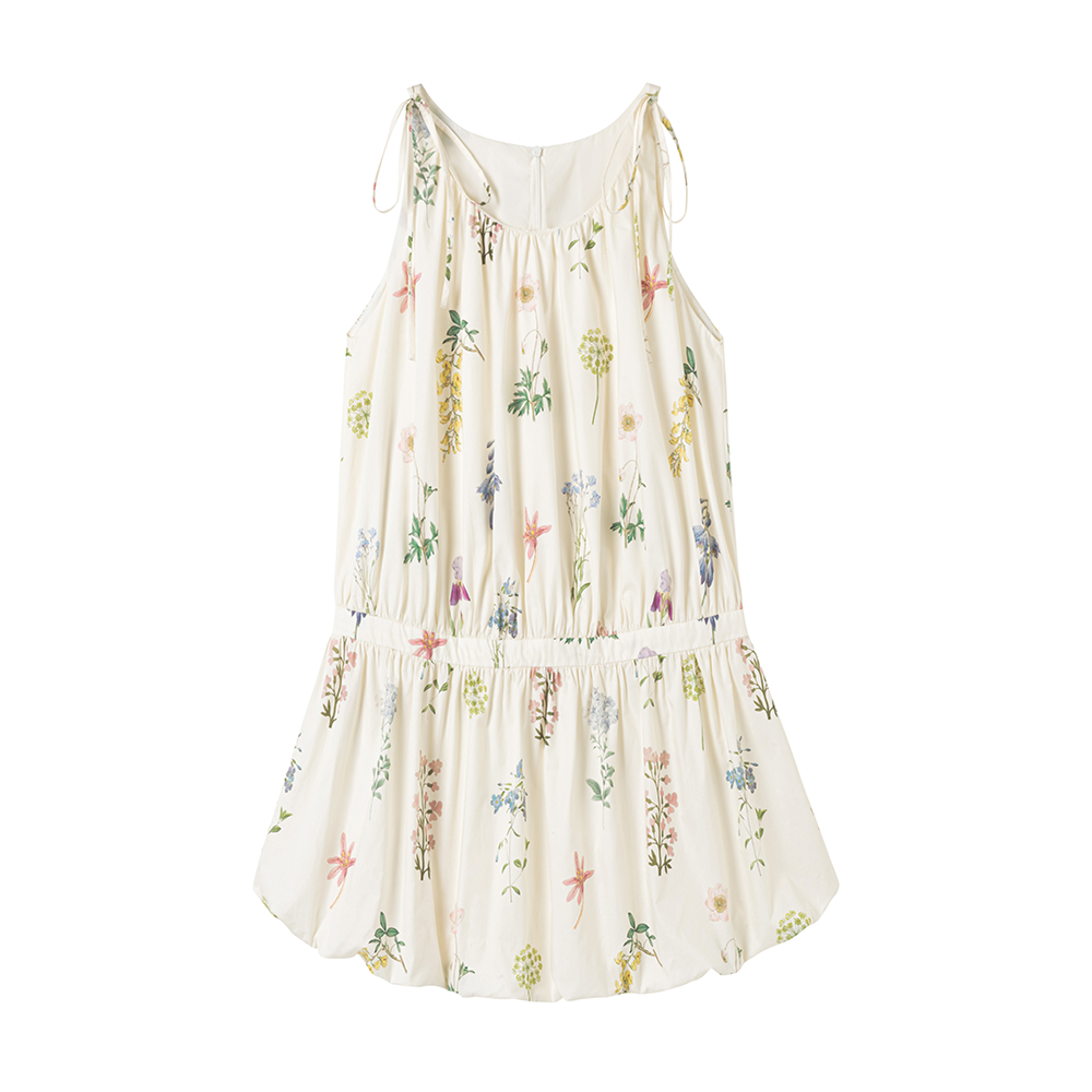 Tie-Strapped Floral Holiday Dress With Balloon Hem