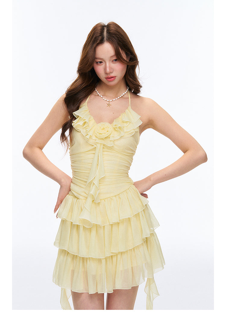 Fitted Ruffled Chiffon Tiered Mini Halter Dress