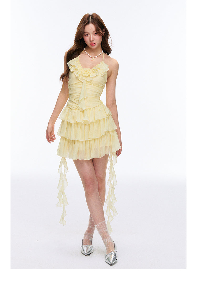 Fitted Ruffled Chiffon Tiered Mini Halter Dress