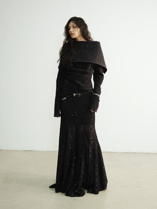 Two-Way Large Collar Gathered Button-Up Top