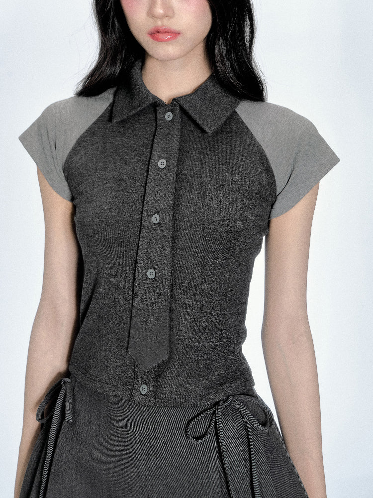 Two-Tone Color Block Shirt & Lace-Trimmed Skirt