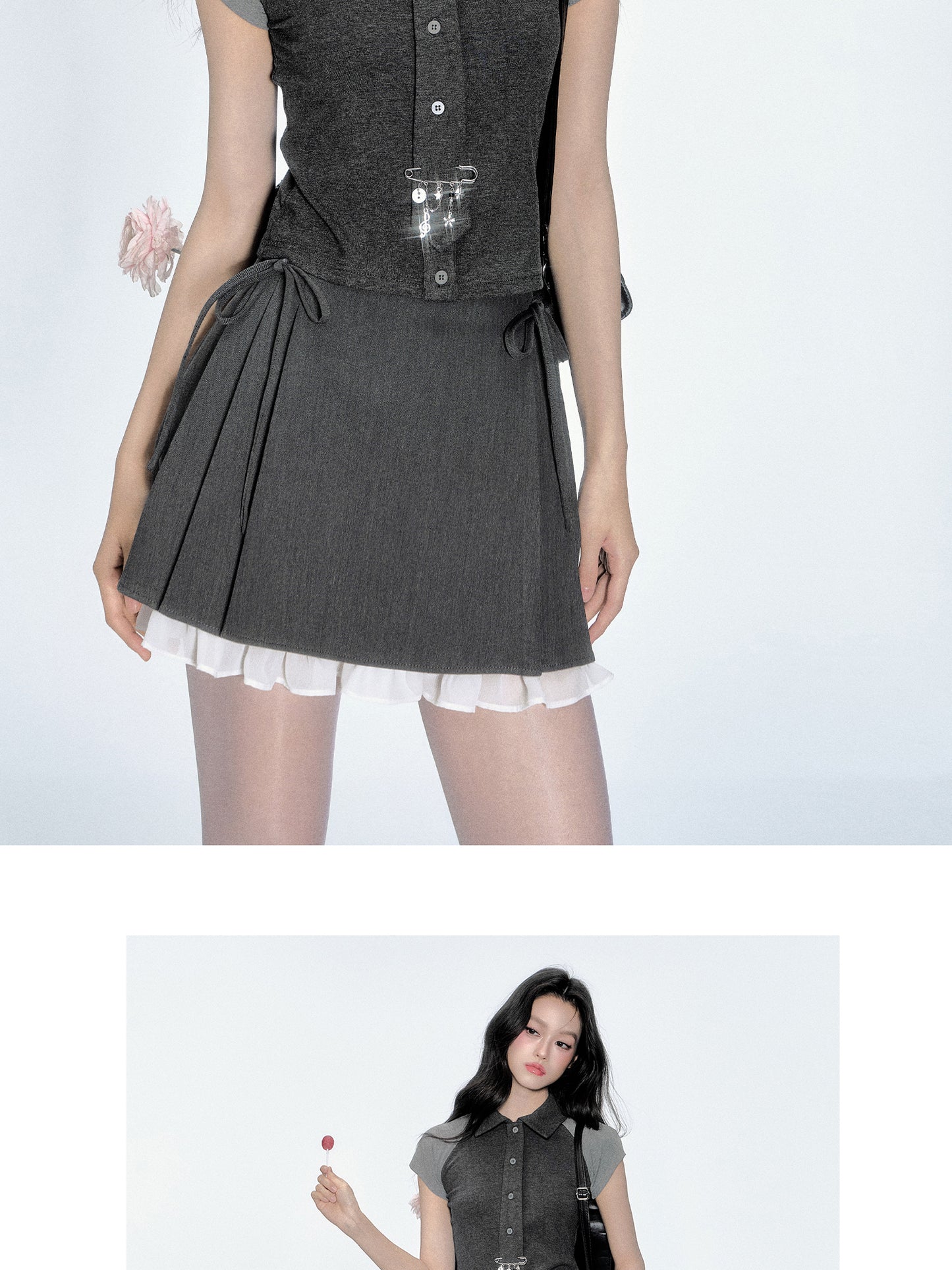 Two-Tone Color Block Shirt & Lace-Trimmed Skirt