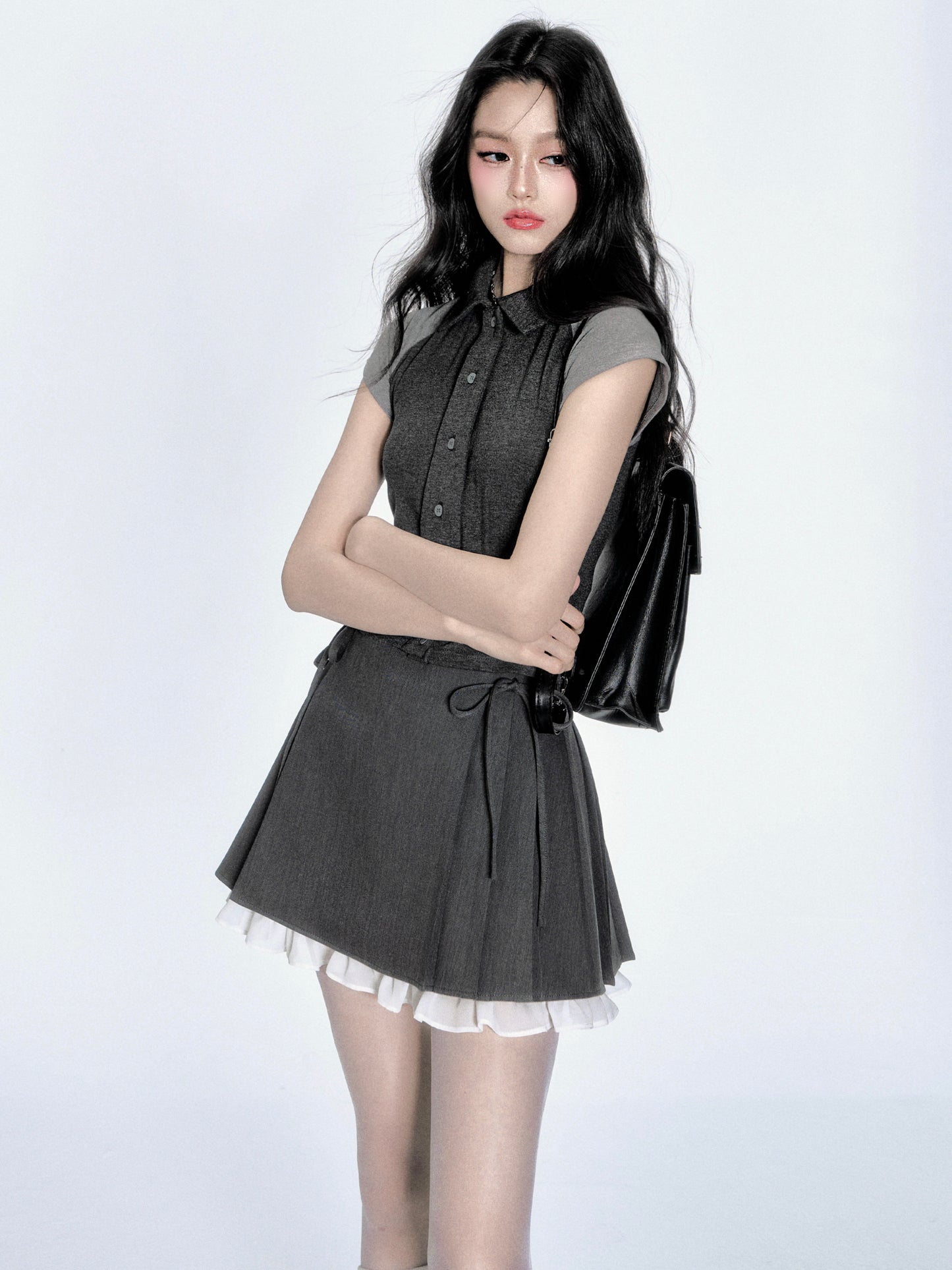 Two-Tone Color Block Shirt & Lace-Trimmed Skirt
