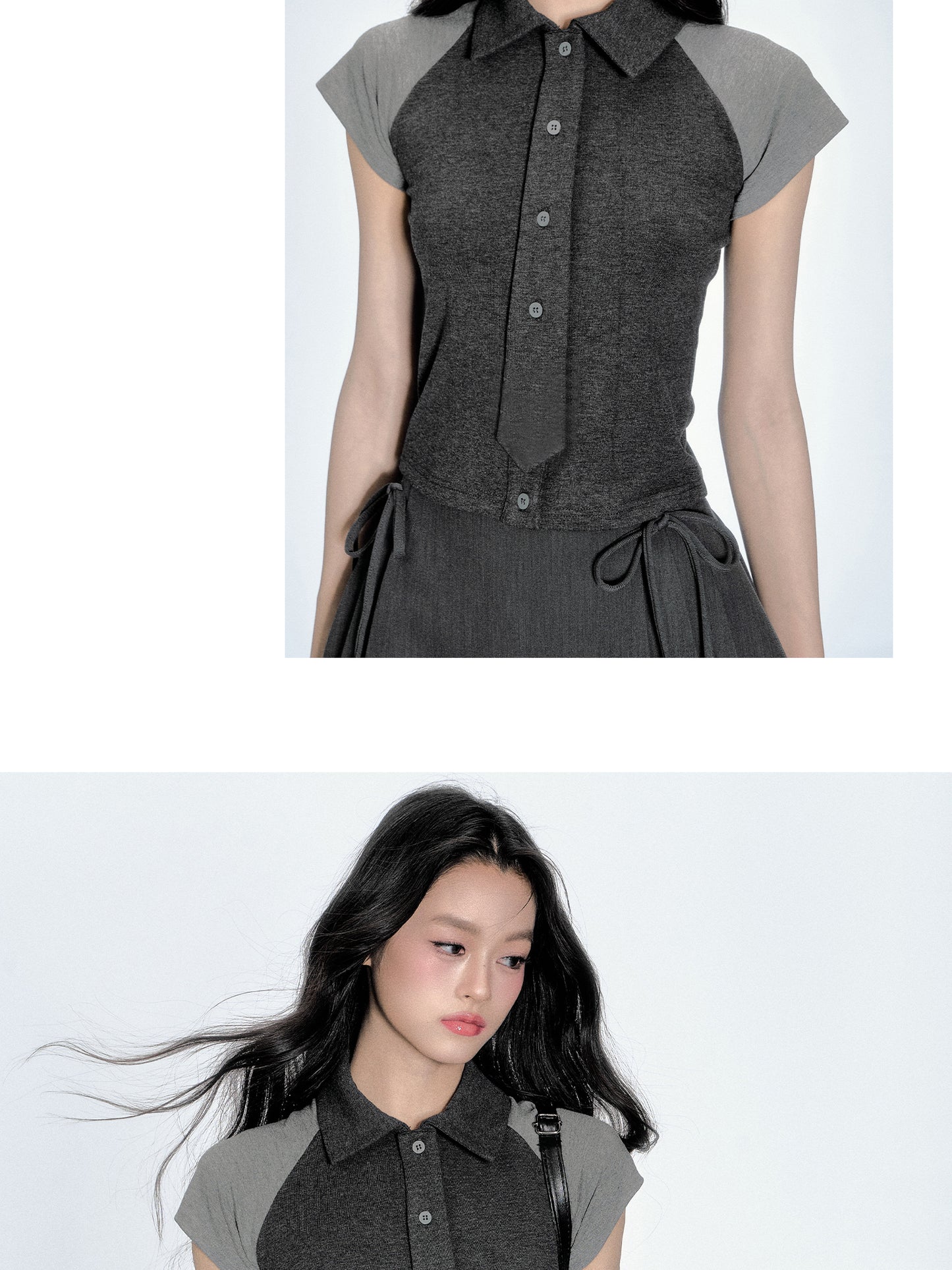 Two-Tone Color Block Shirt & Lace-Trimmed Skirt