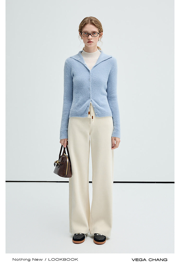 Stretchy Rib-Knit Back Waistband Zip-Up Pants