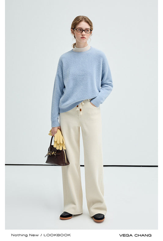 Stretchy Rib-Knit Back Waistband Zip-Up Pants