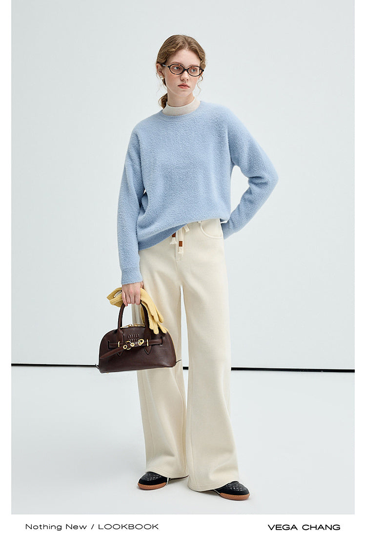 Stretchy Rib-Knit Back Waistband Zip-Up Pants