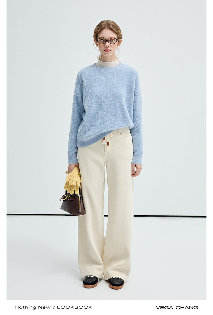 Stretchy Rib-Knit Back Waistband Zip-Up Pants