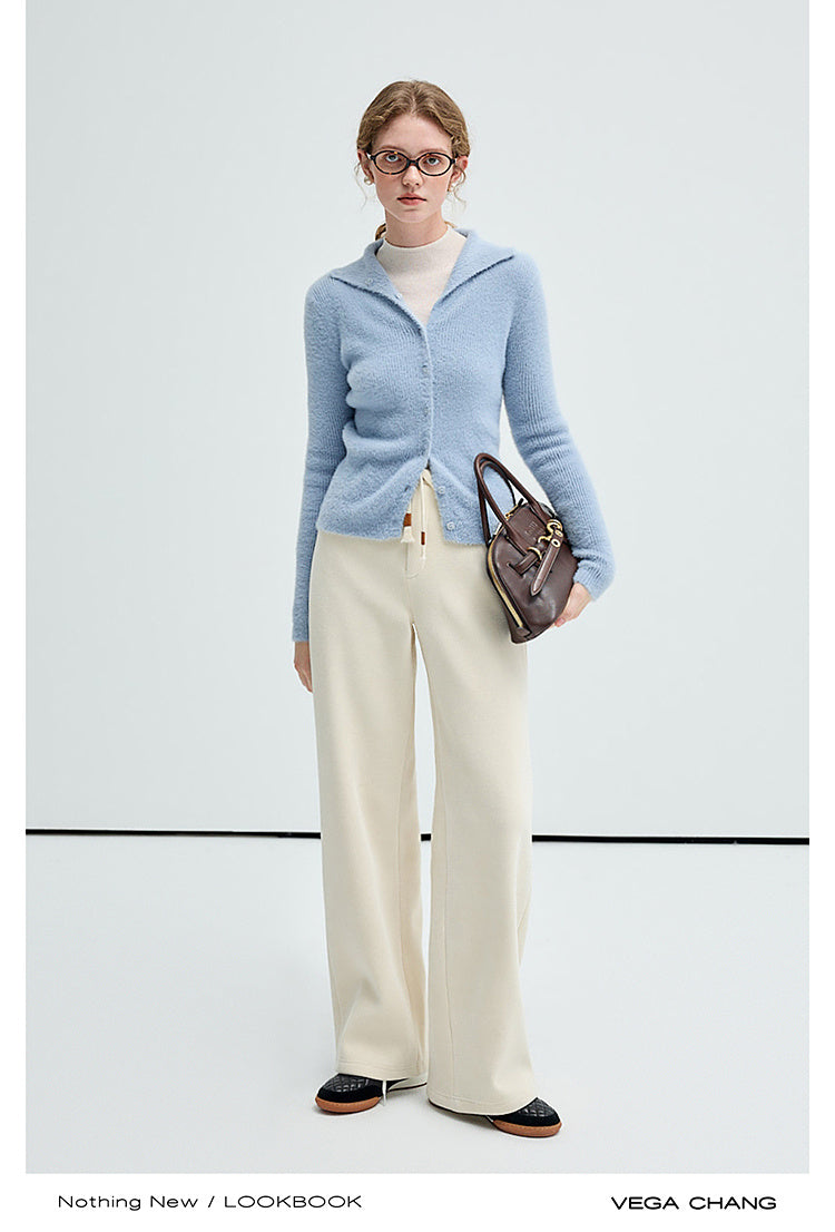 Stretchy Rib-Knit Back Waistband Zip-Up Pants