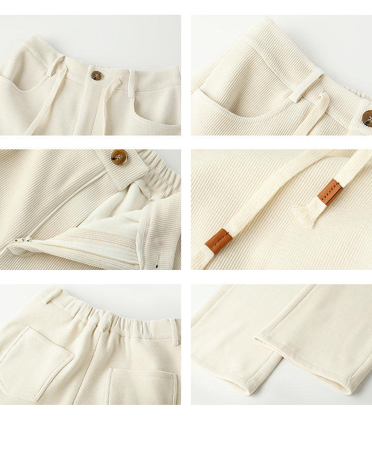 Stretchy Rib-Knit Back Waistband Zip-Up Pants