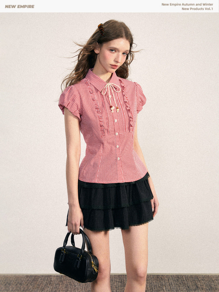 Ruffled Gingham Blouse With Decorative Tie