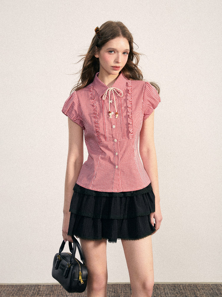Ruffled Gingham Blouse With Decorative Tie