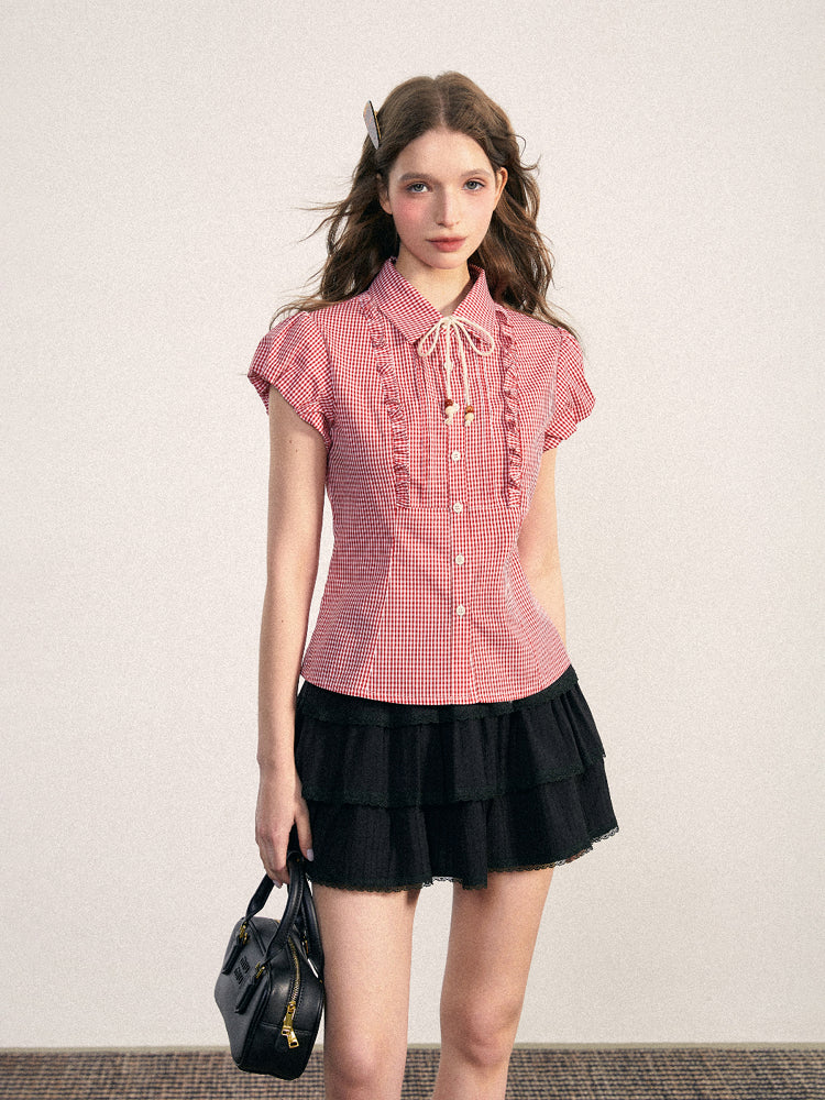 Ruffled Gingham Blouse With Decorative Tie