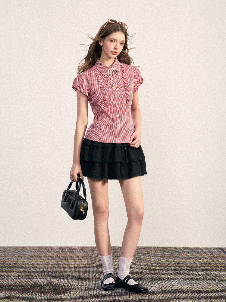Ruffled Gingham Blouse With Decorative Tie