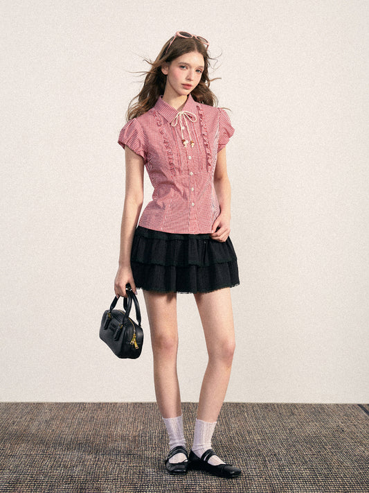 Ruffled Gingham Blouse With Decorative Tie