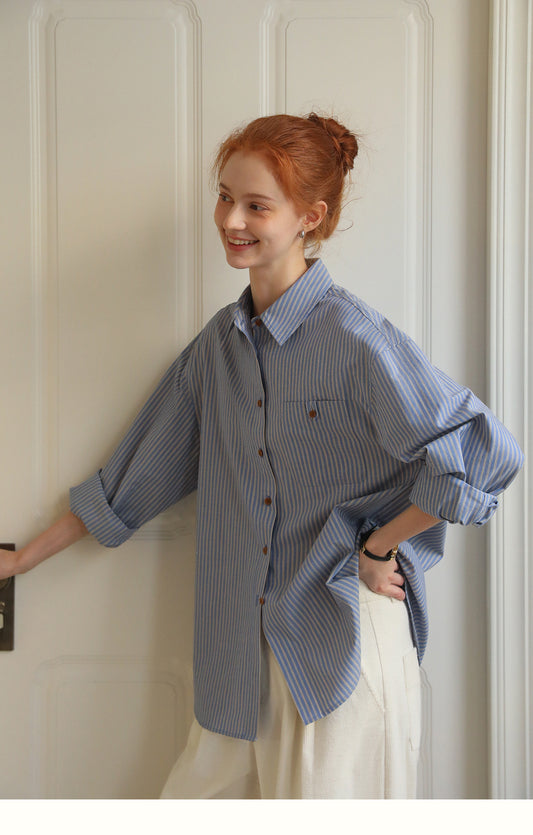 Contrast Button Striped Cotton Shirt