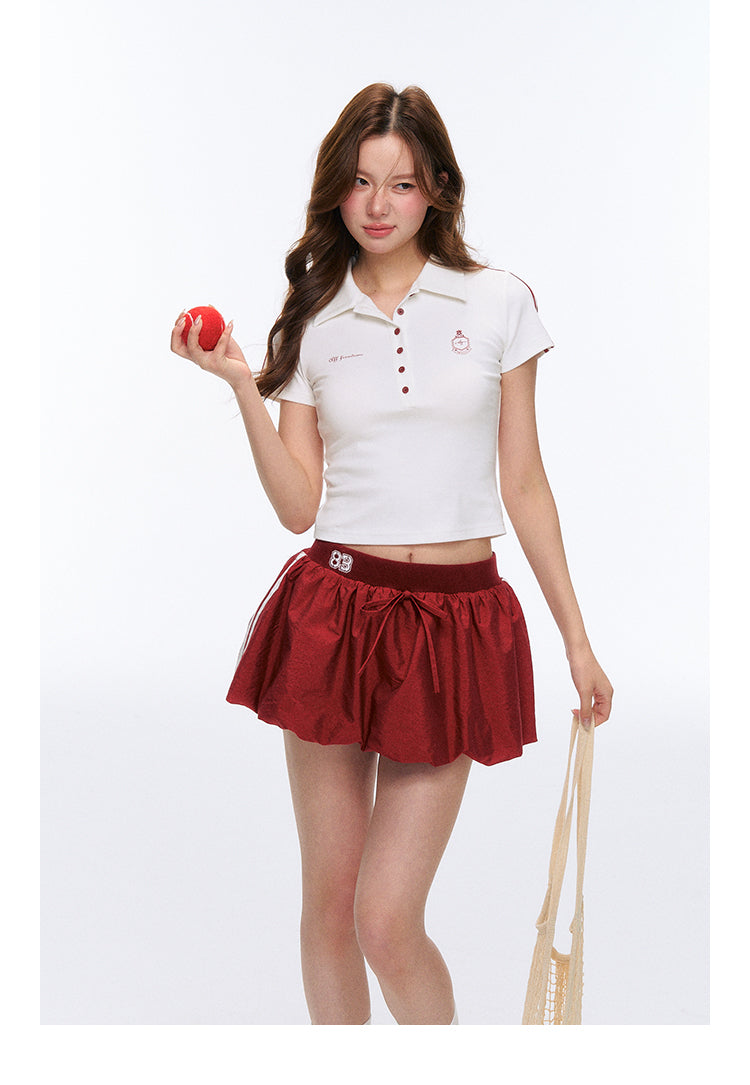 Contrast Cropped Polo Shirt And Balloon Mini Skirt