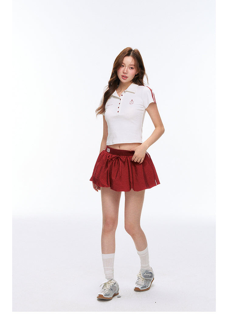 Contrast Cropped Polo Shirt And Balloon Mini Skirt