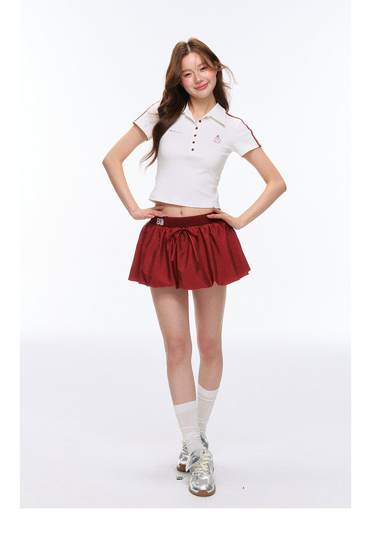 Contrast Cropped Polo Shirt And Balloon Mini Skirt