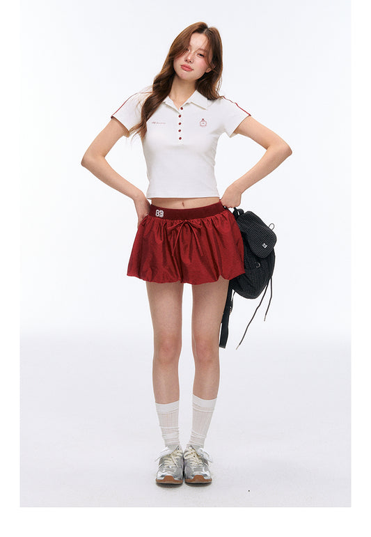 Contrast Cropped Polo Shirt And Balloon Mini Skirt