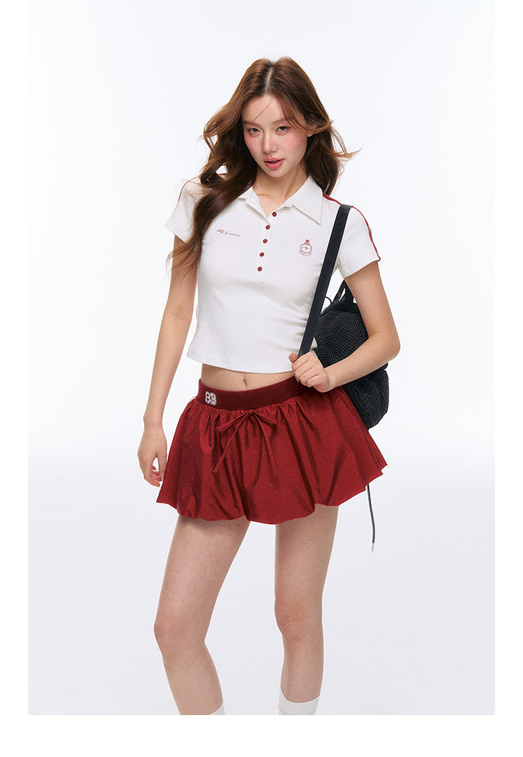Contrast Cropped Polo Shirt And Balloon Mini Skirt