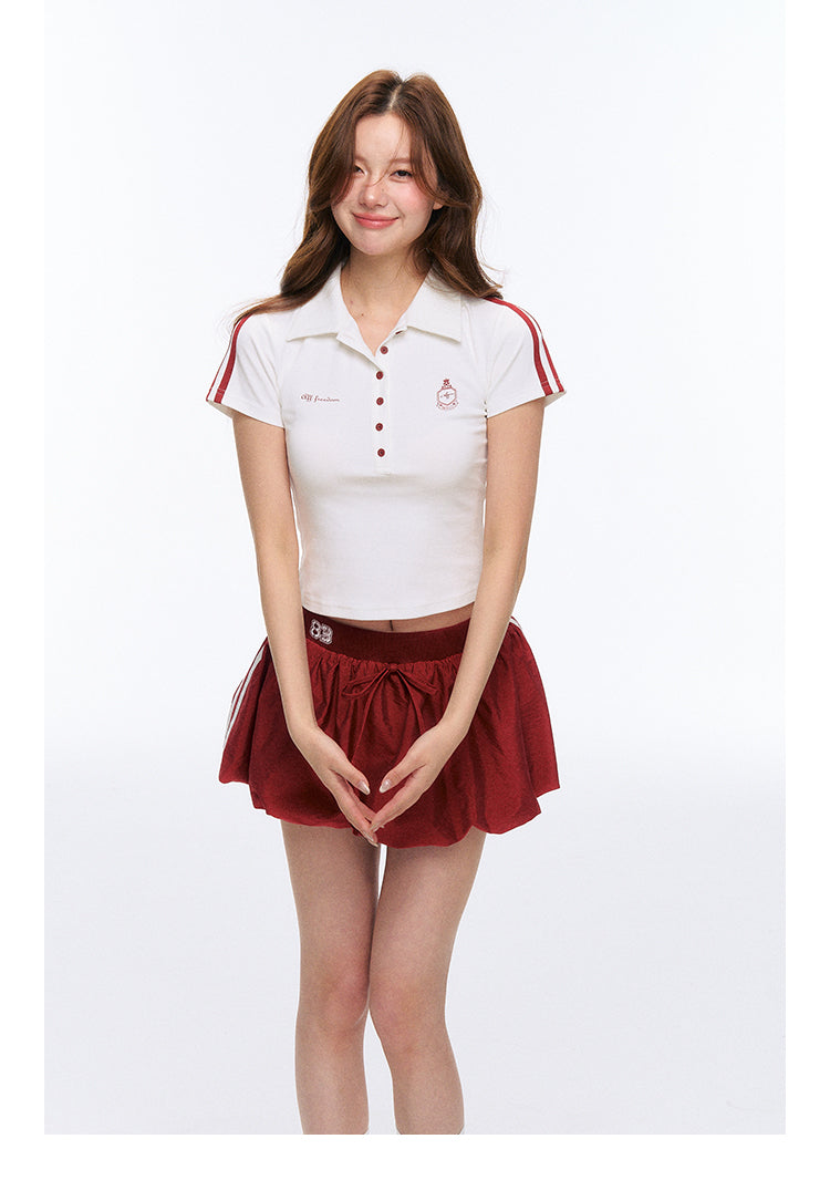 Contrast Cropped Polo Shirt And Balloon Mini Skirt