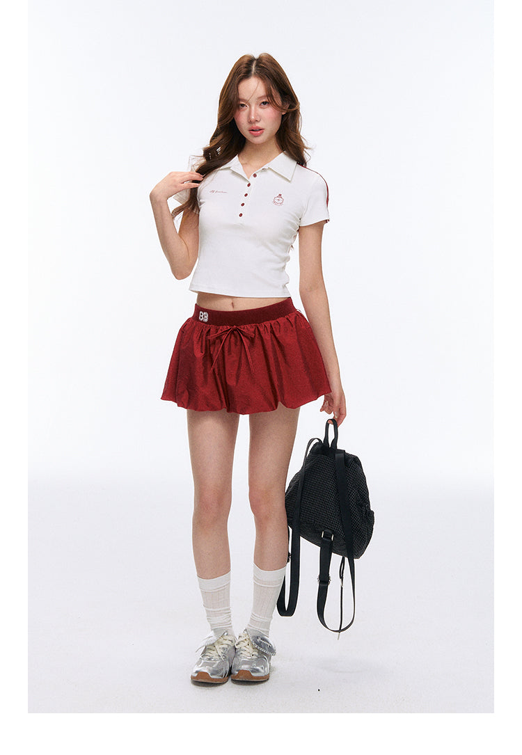 Contrast Cropped Polo Shirt And Balloon Mini Skirt