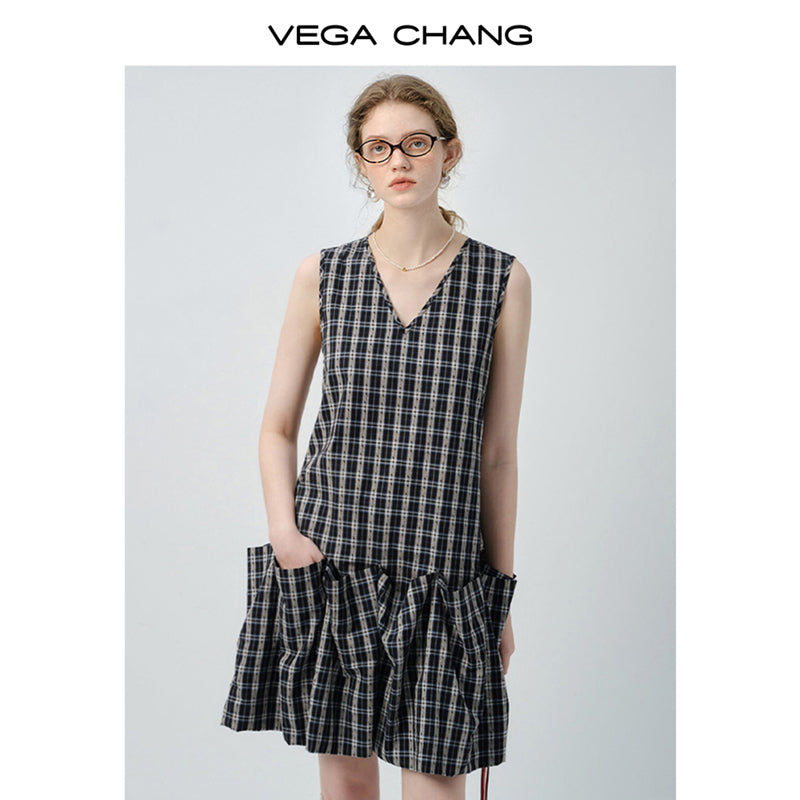 Sleeveless Plaid Ruffled Dress With Voluminous Silhouette