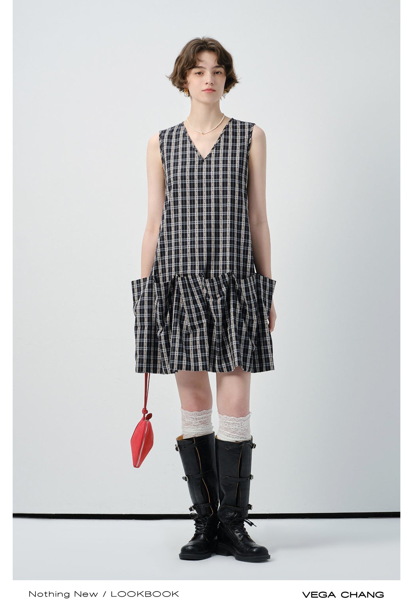 Sleeveless Plaid Ruffled Dress With Voluminous Silhouette
