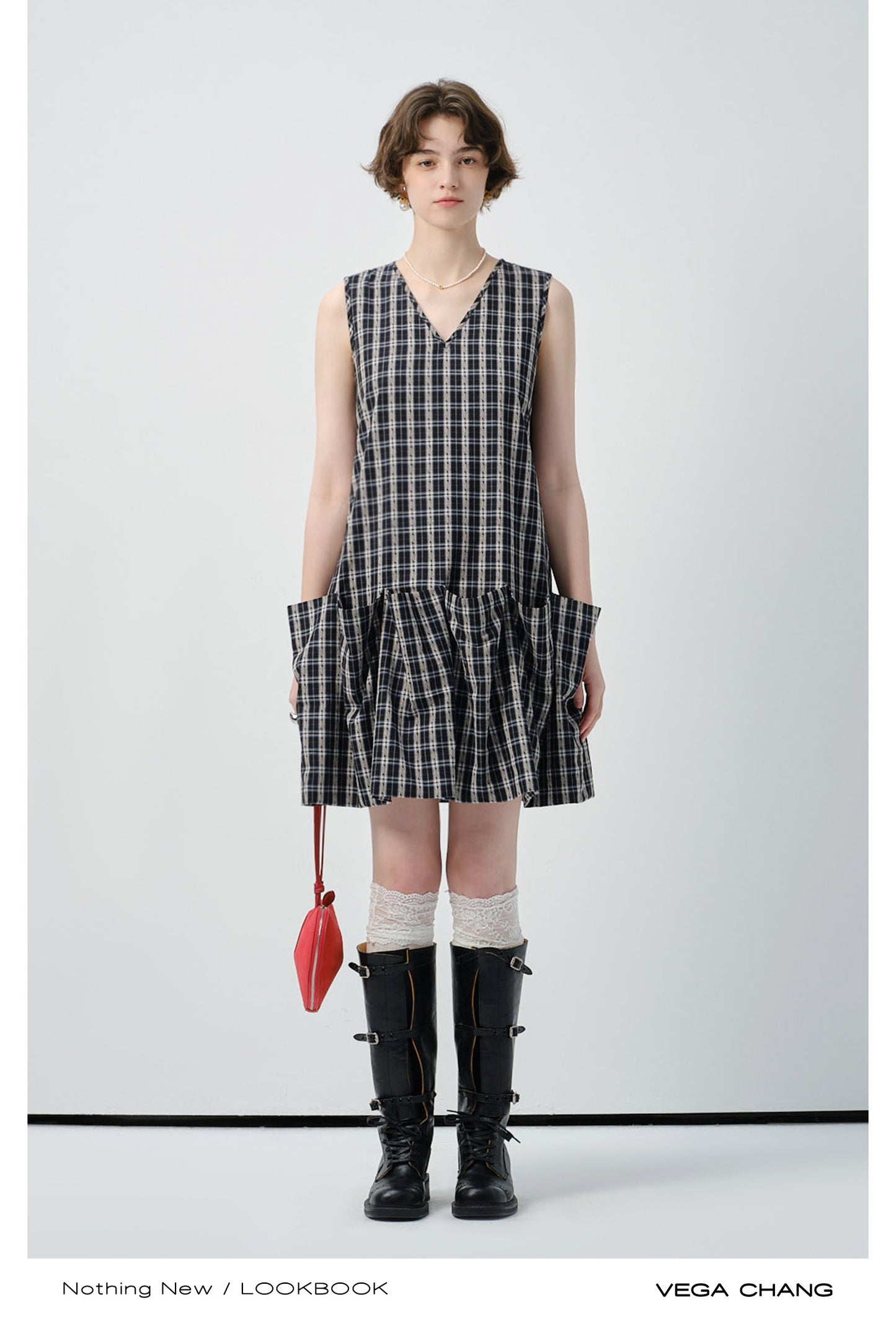 Sleeveless Plaid Ruffled Dress With Voluminous Silhouette