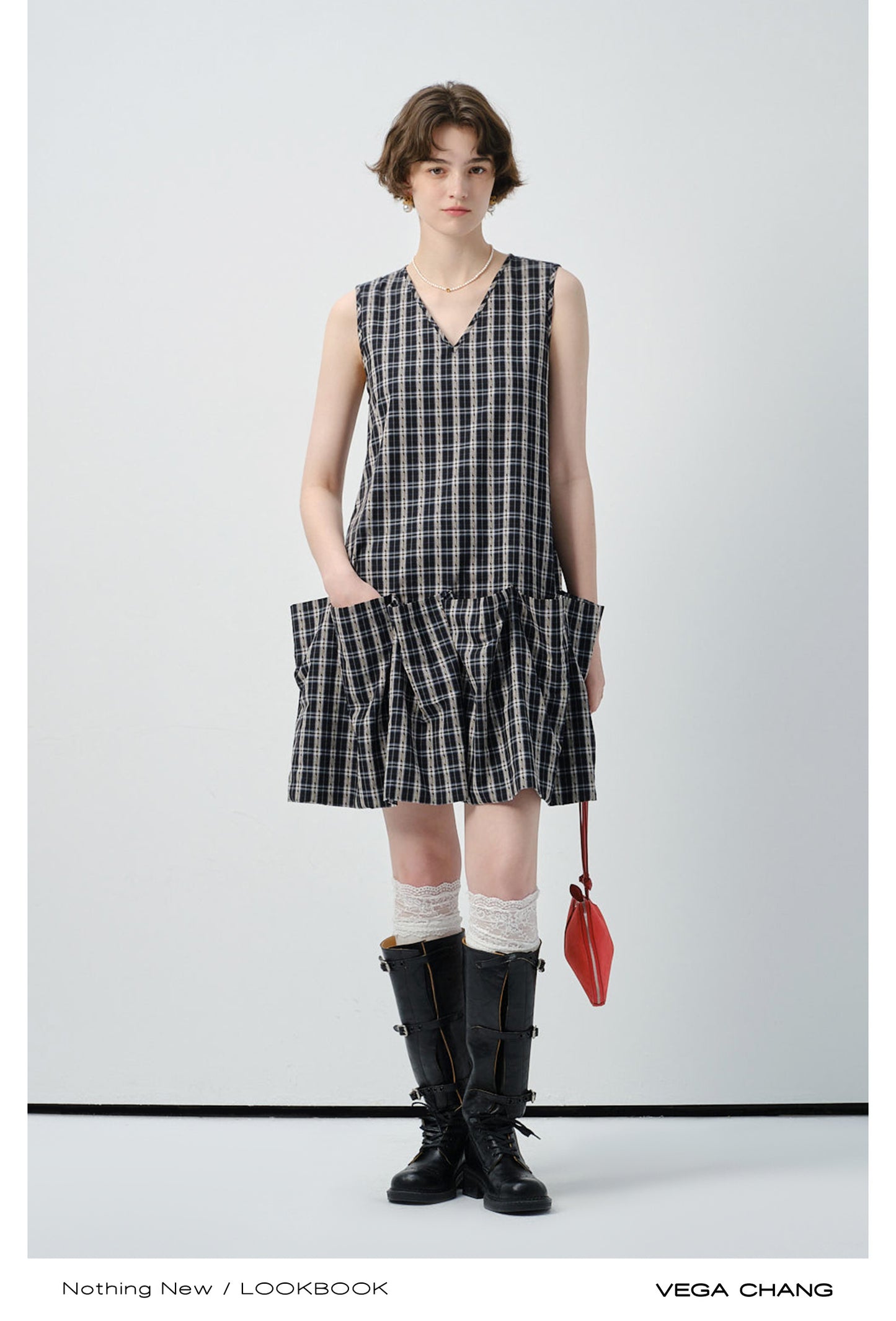 Sleeveless Plaid Ruffled Dress With Voluminous Silhouette