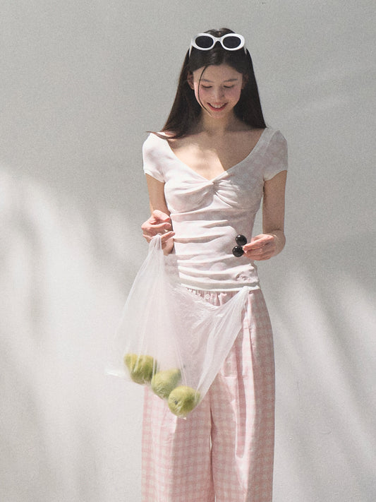 Plaid Scoop Neck Twist Front Top