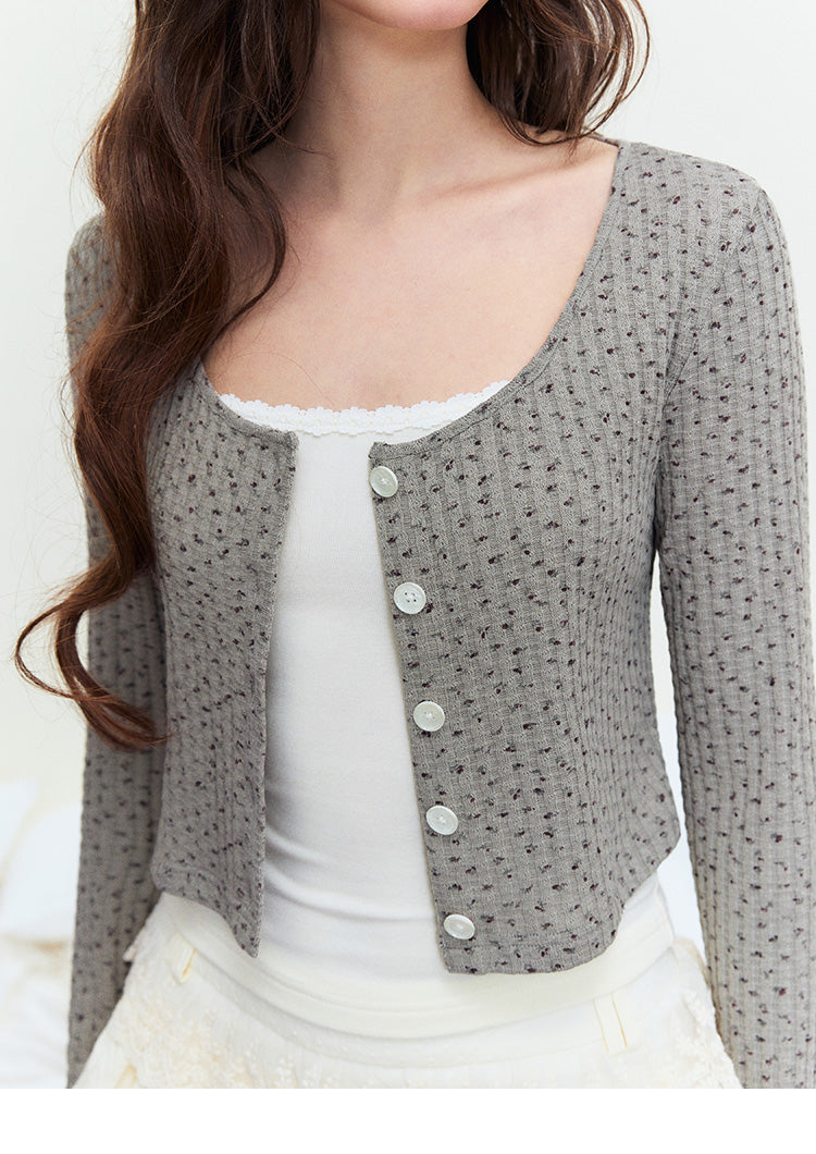 Knitted Floral Slim Cardigan With Ruffled Placket