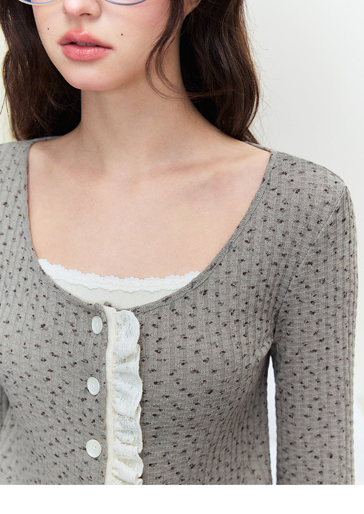 Knitted Floral Slim Cardigan With Ruffled Placket
